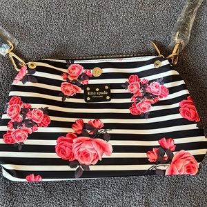 Kate Spade handbag black and white stripes with pink flowers New
